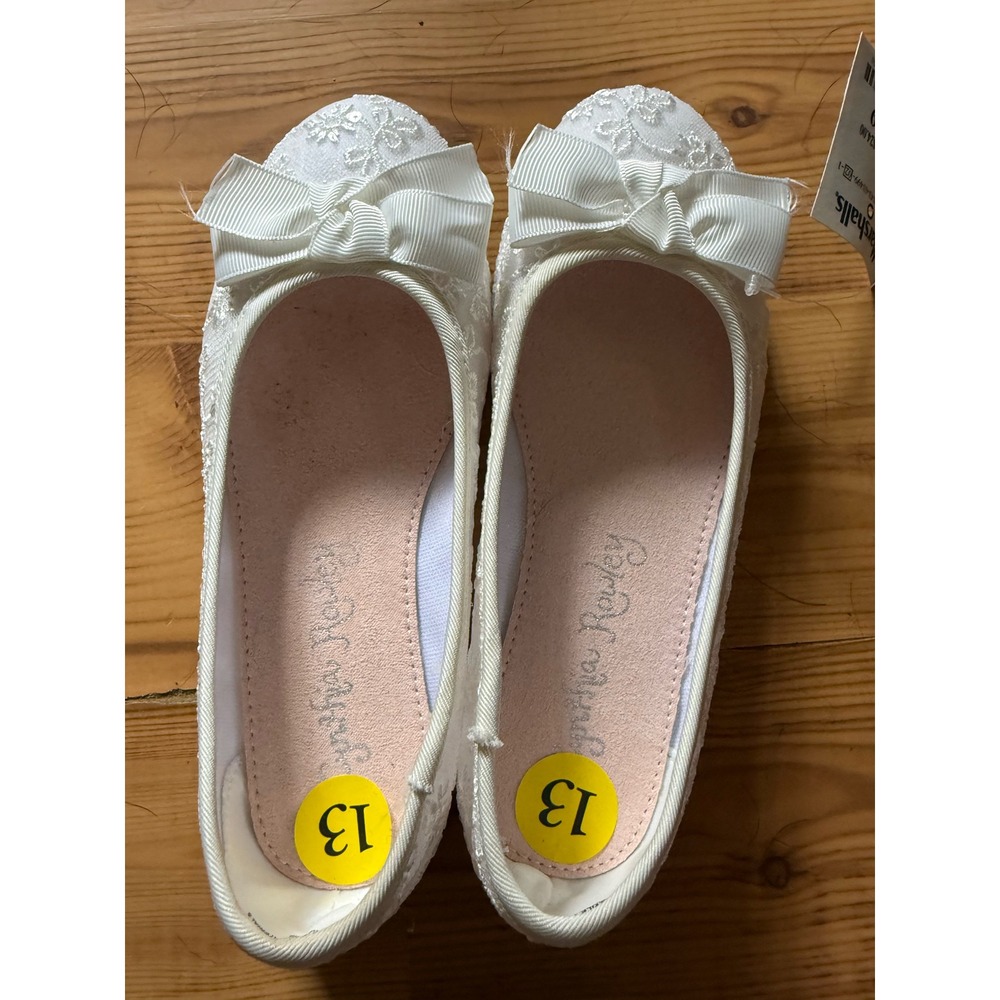 Cynthia Rowley Girls White Floral Lace Sequin Bow Ballet Flats Dress Shoes 13